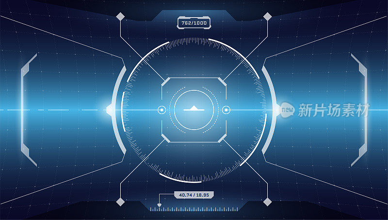 VR HUD数字未来界面赛博朋克屏幕。科幻虚拟技术抬头显示圆目标。GUI界面飞船座舱仪表盘面板。优质黄麻取景器遮阳板。向量每股收益
